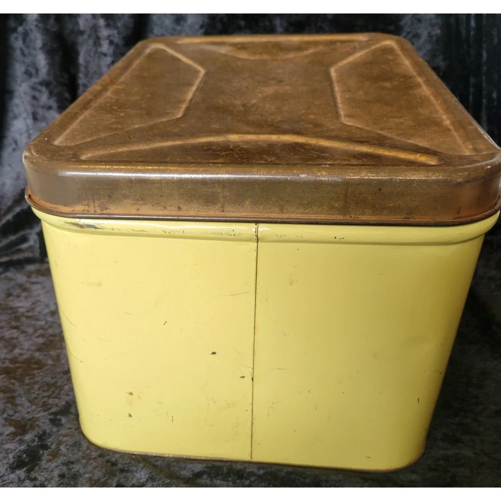 Vtg 1940s Yellow Metal Bread Box Copper Lid Decoware Cattail Tin Mid Century MCM